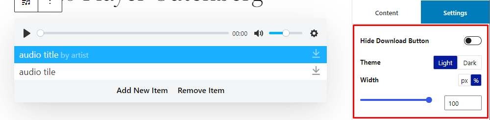 HTML5 Audio Player- Gutenberg Playlist Narrow Settings