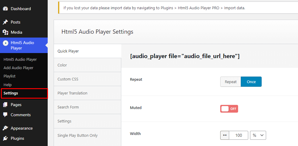 HTML5 Audio Player- Settings Menu