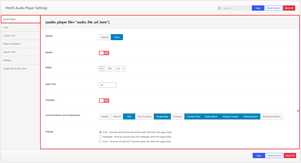 HTML5 Audio Player- Settings Quick Player