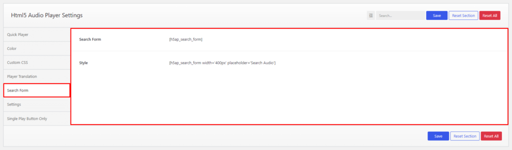 HTML5 Audio Player- Settings Search Form