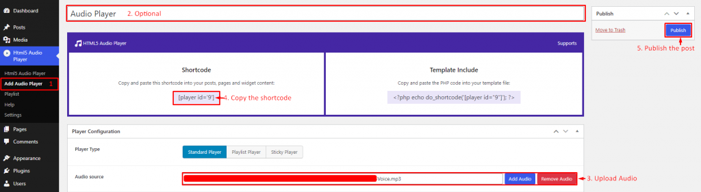 HTML5 Audio Player- ShortCode Settings