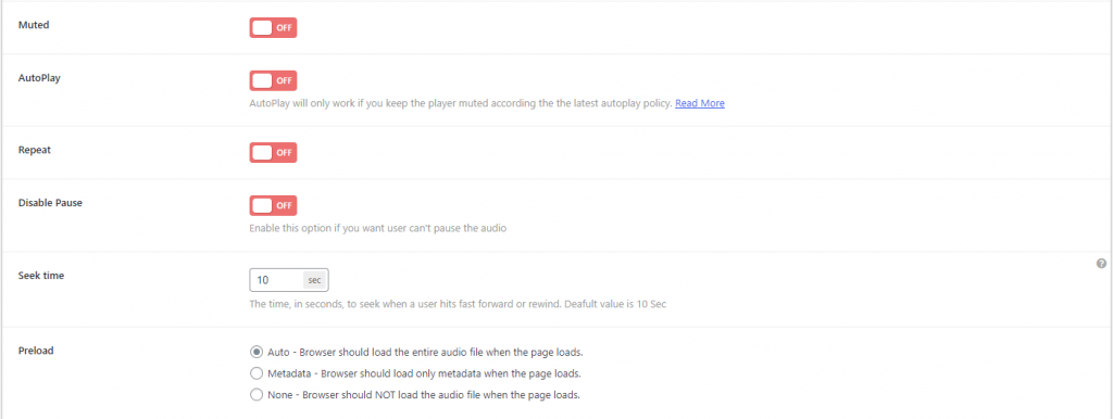 HTML5 Audio Player- ShortCode Standard Options