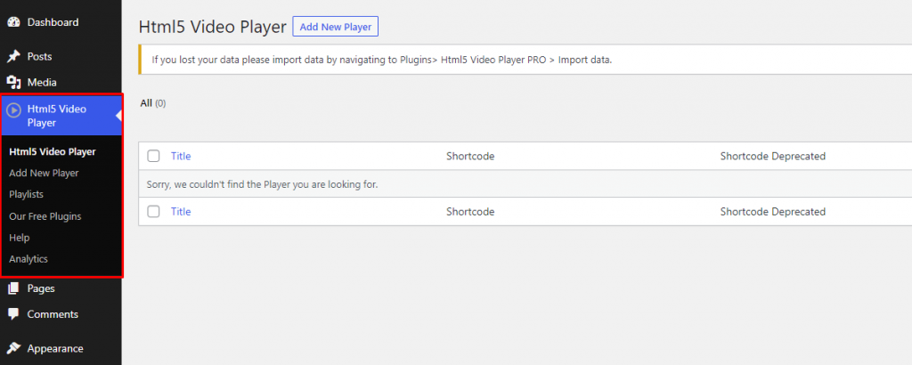 HTML5 Video Player- Admin Menu