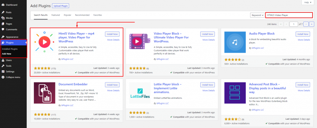 HTML5 Video Player- Install by Search