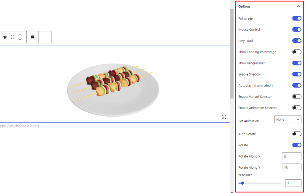 3D Viewer- Gutenberg Options Settings