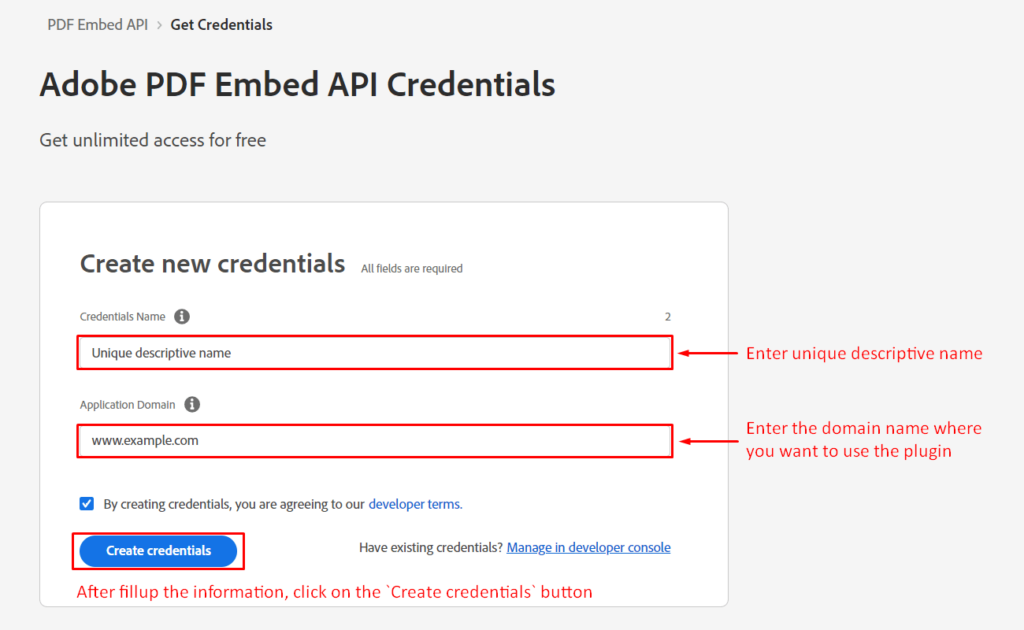 API- Adobe Create Credentials