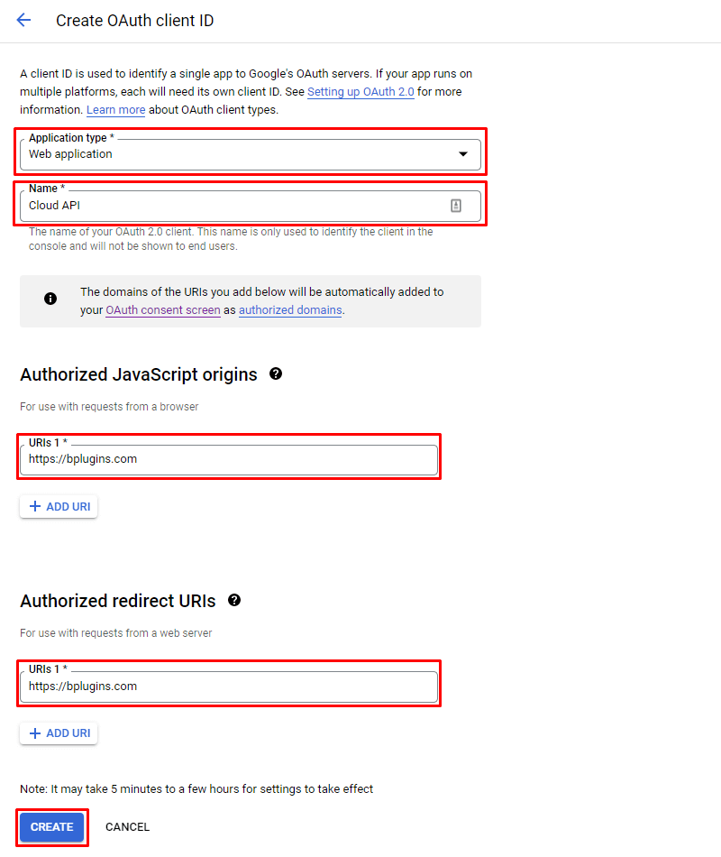 API- Google Create OAuth Client Id