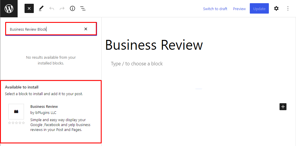 Business Review- Install From Gutenberg Editor