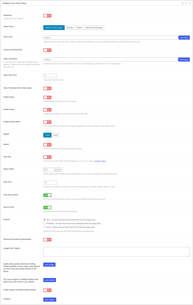 HTML5 Video Player- Classic ShortCode Configure