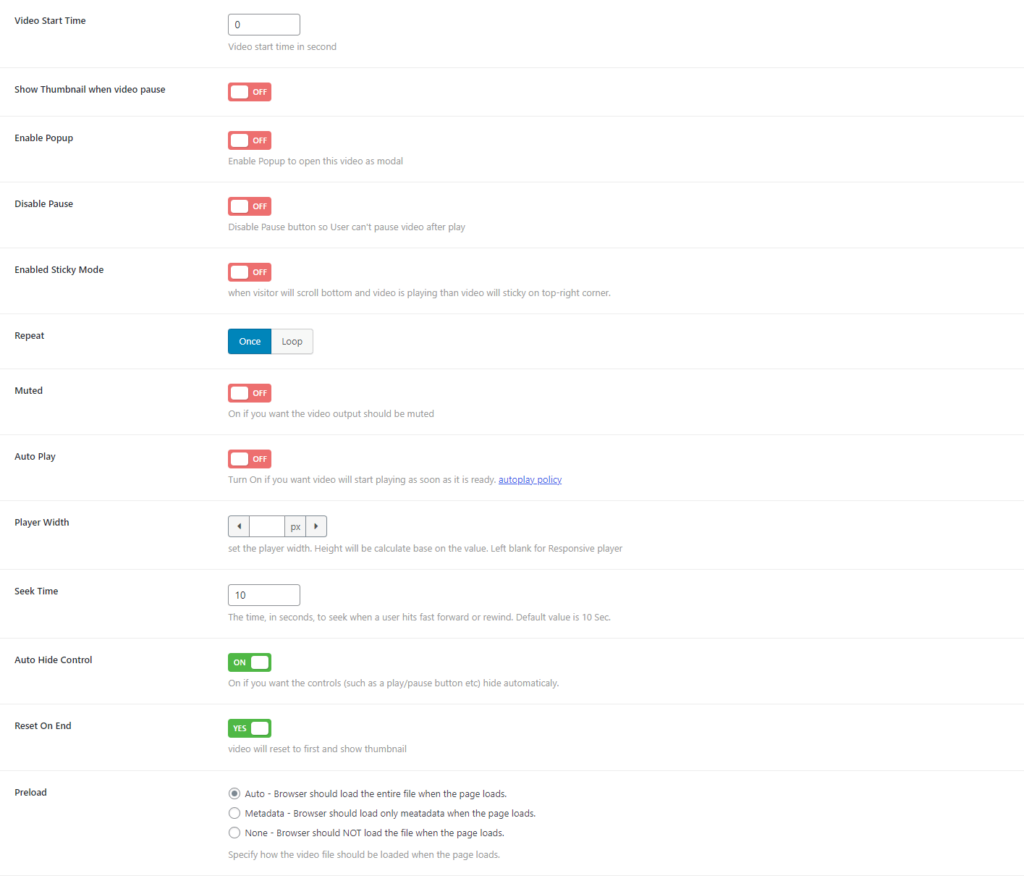 HTML5 Video Player- Classic ShortCode Configure Options