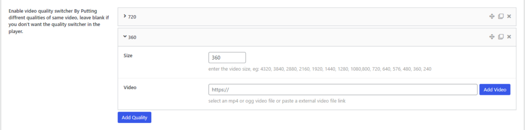 HTML5 Video Player- Classic ShortCode Configure Video Quality