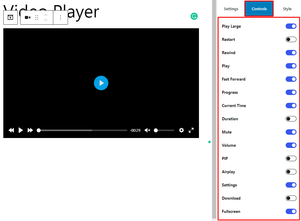 HTML5 Video Player- Gutenberg ShortCode Controls