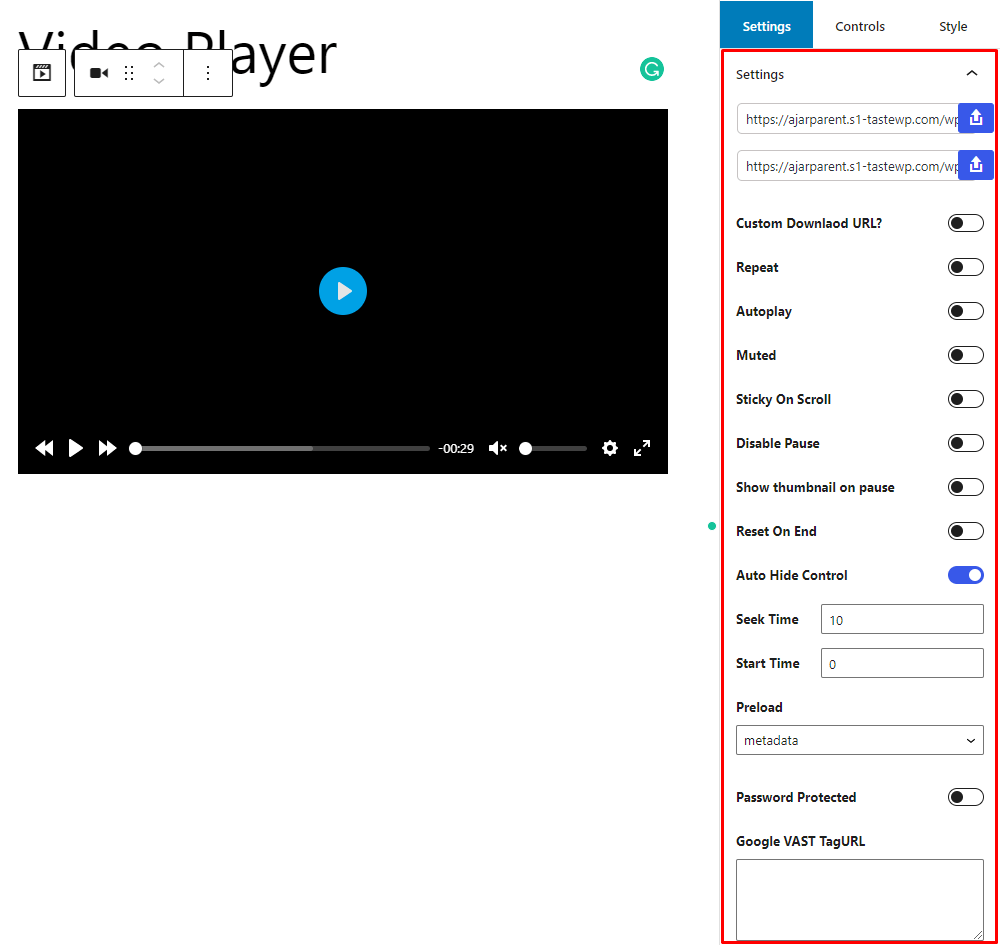 HTML5 Video Player- Gutenberg ShortCode Settings