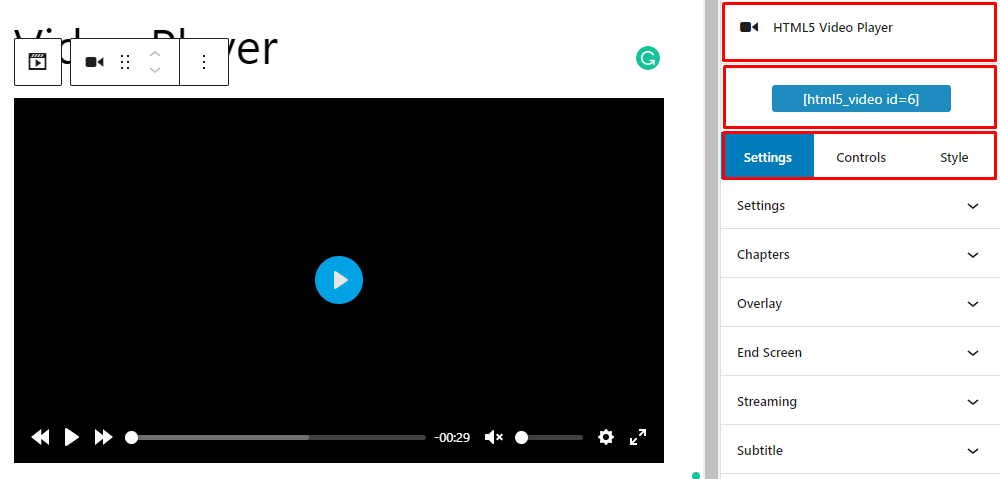 HTML5 Video Player- Gutenberg ShortCode Sidebar Settings