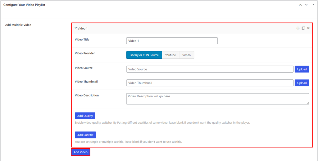 HTML5 Video Player Playlist Sources