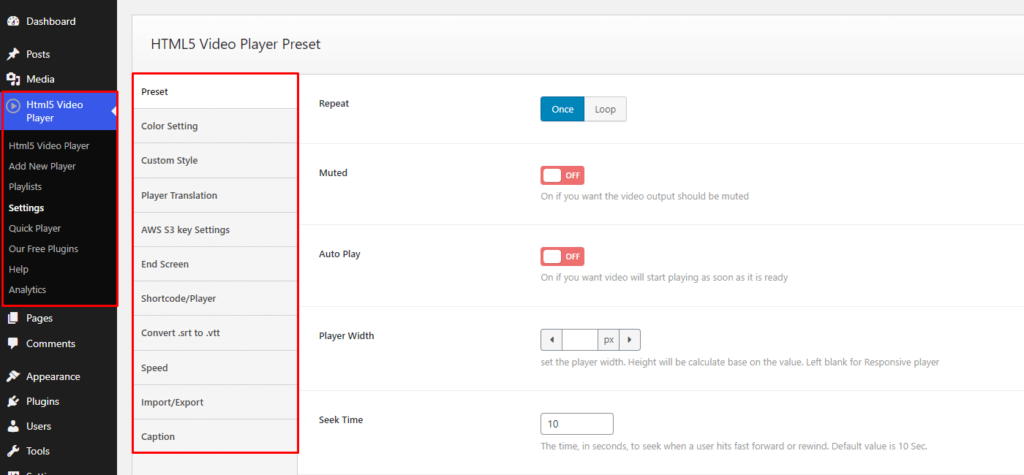 HTML5 Video Player- Settings
