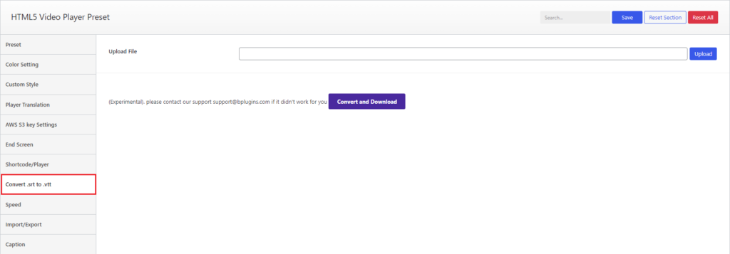 HTML5 Video Player- Convert .srt to .vtt Settings