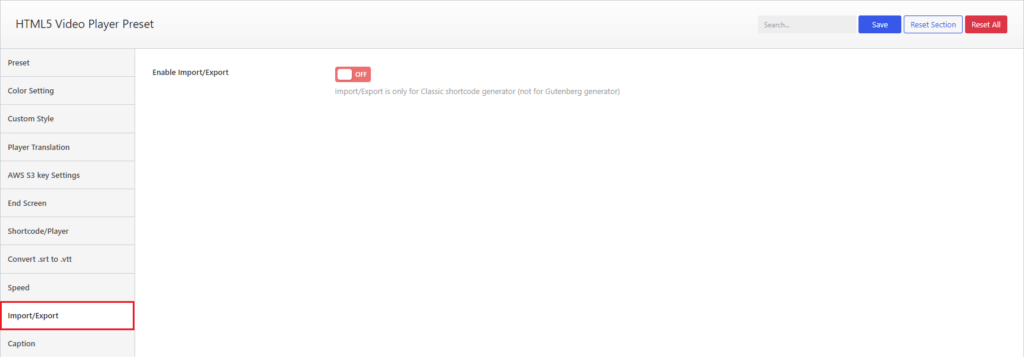 HTML5 Video Player- Import/Export Settings