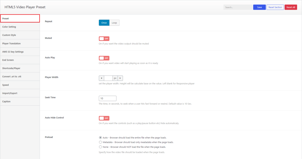 HTML5 Video Player- Preset Options Settings