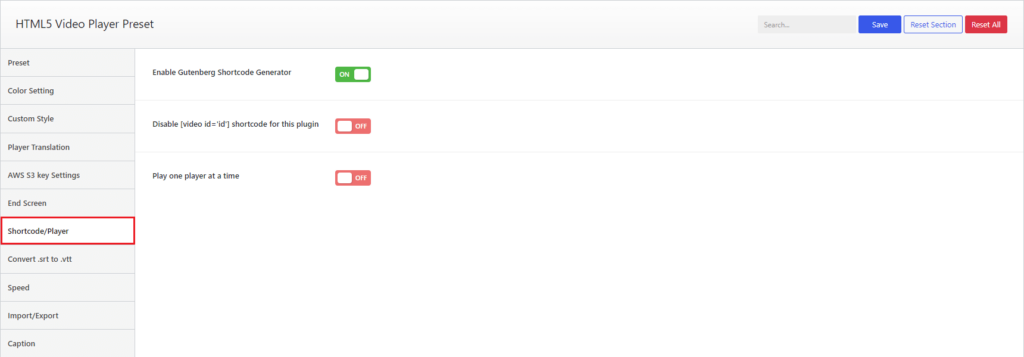 HTML5 Video Player- Shortcode/Player Settings