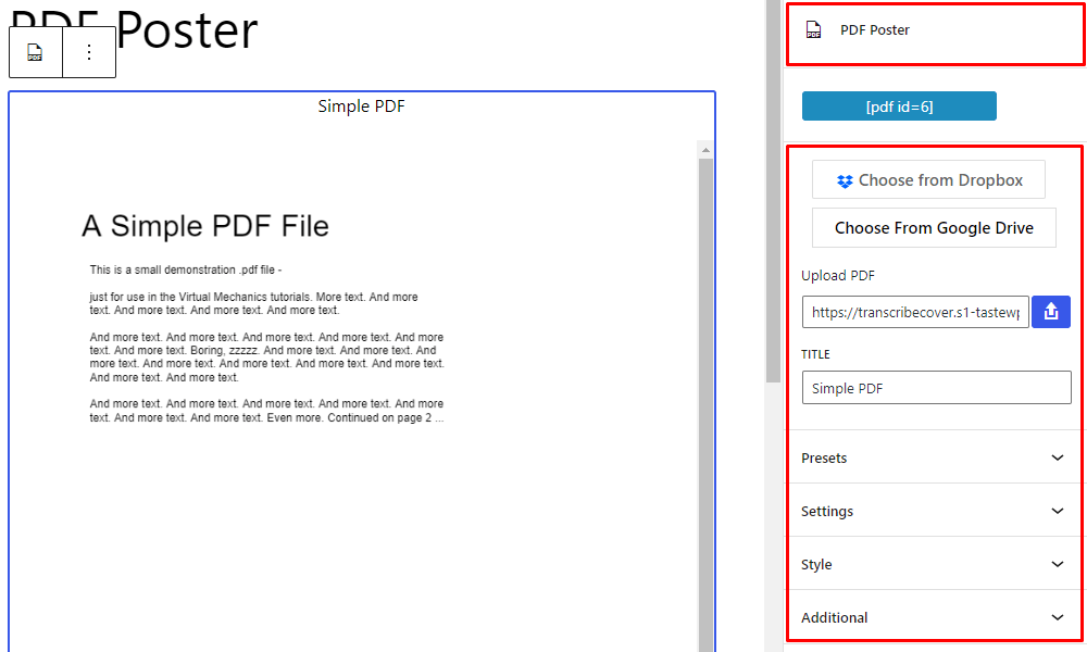 PDF Poster Gutenberg ShortCode Sidebar Settings
