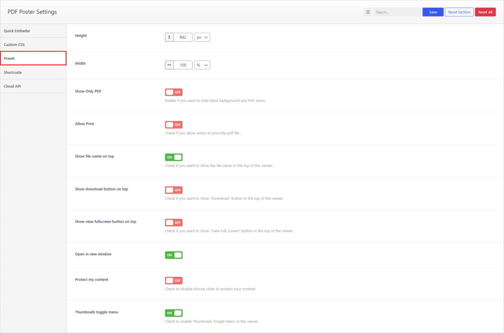 PDF Poster Preset Settings