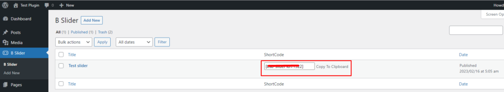 B Slider- Copy Short code