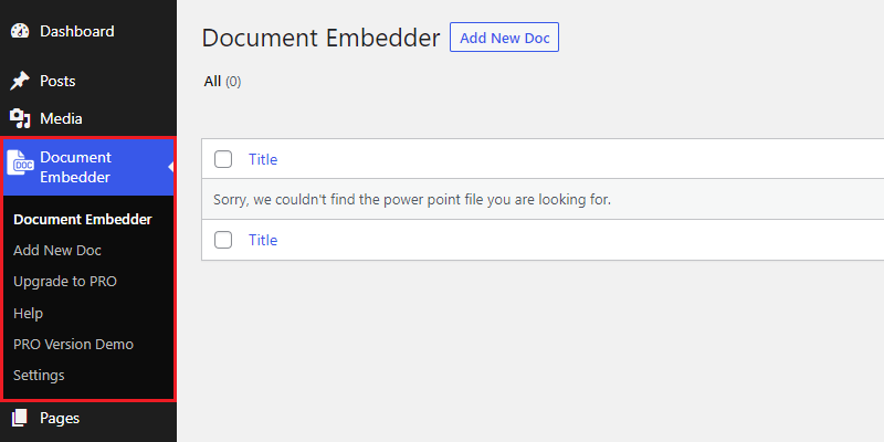 Document Embedder- Admin Menu