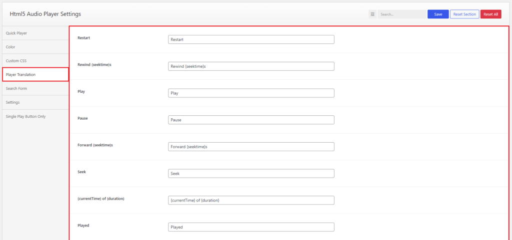 HTML5 Audio Player- Settings Player Translation