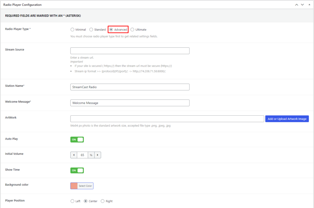 StreamCast- Configure Select Advanced