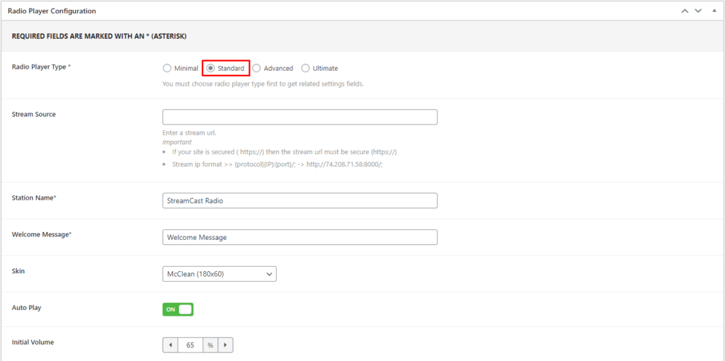StreamCast- Configure Select Standard