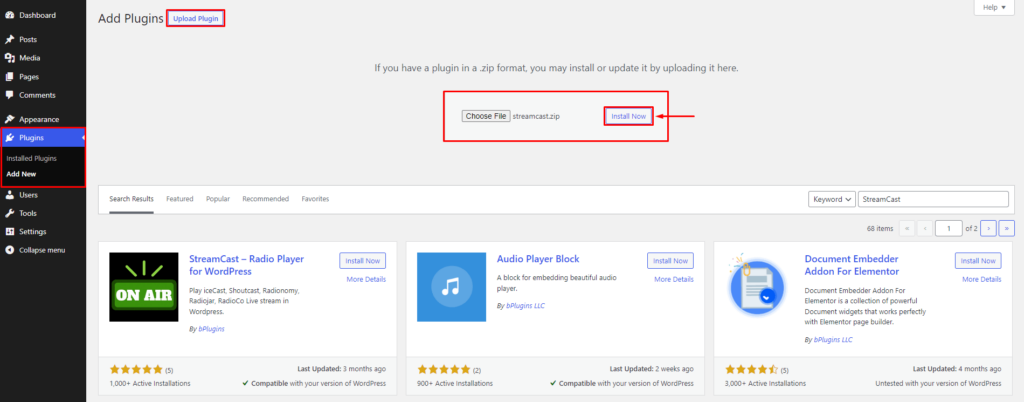 StreamCast- Install by Upload