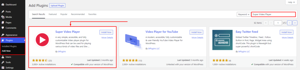 Super Video Player- Install by Search_how to make a video play automatically in WordPress