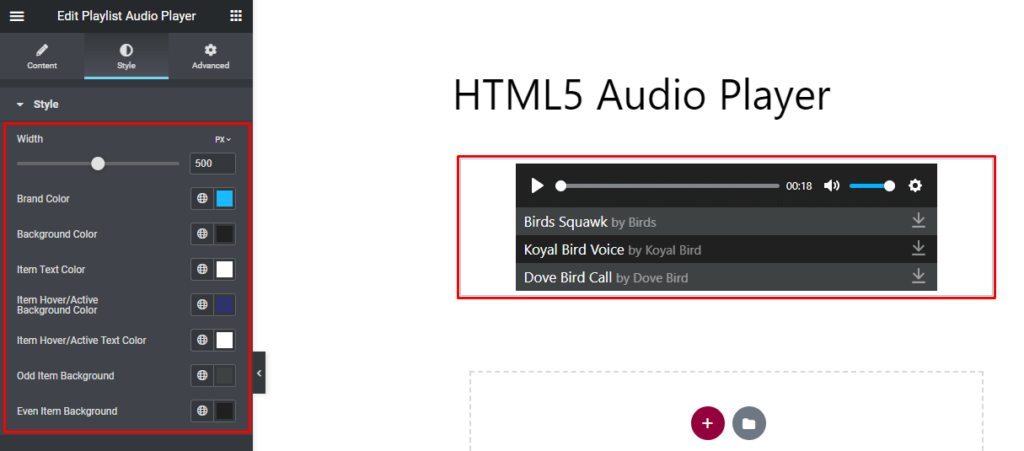 HTML5 Audio Player- Elementor Playlist Player Custom Theme Styles