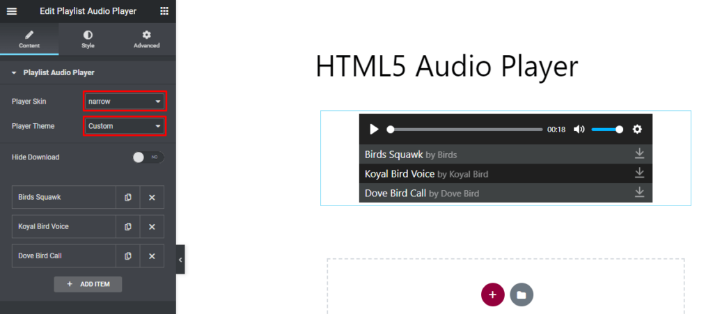 HTML5 Audio Player- Elementor Playlist Player Narrow Skin