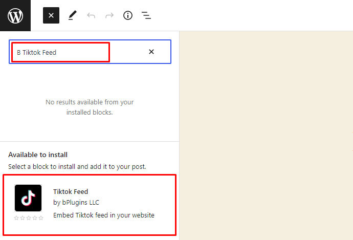 Tiktok-feed- Install From Gutenberg Editor