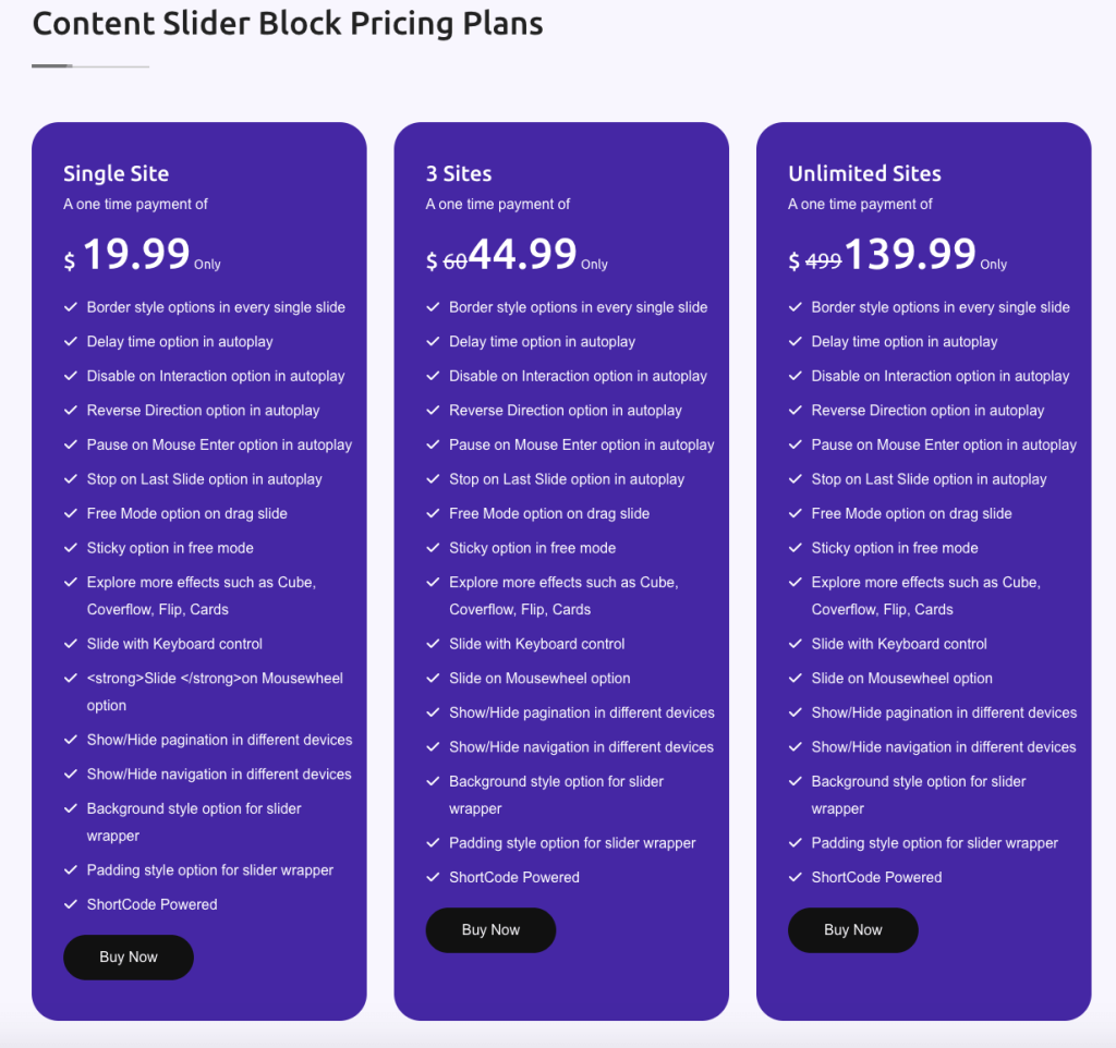 this is a screenshot of the content slider block plugin pricing