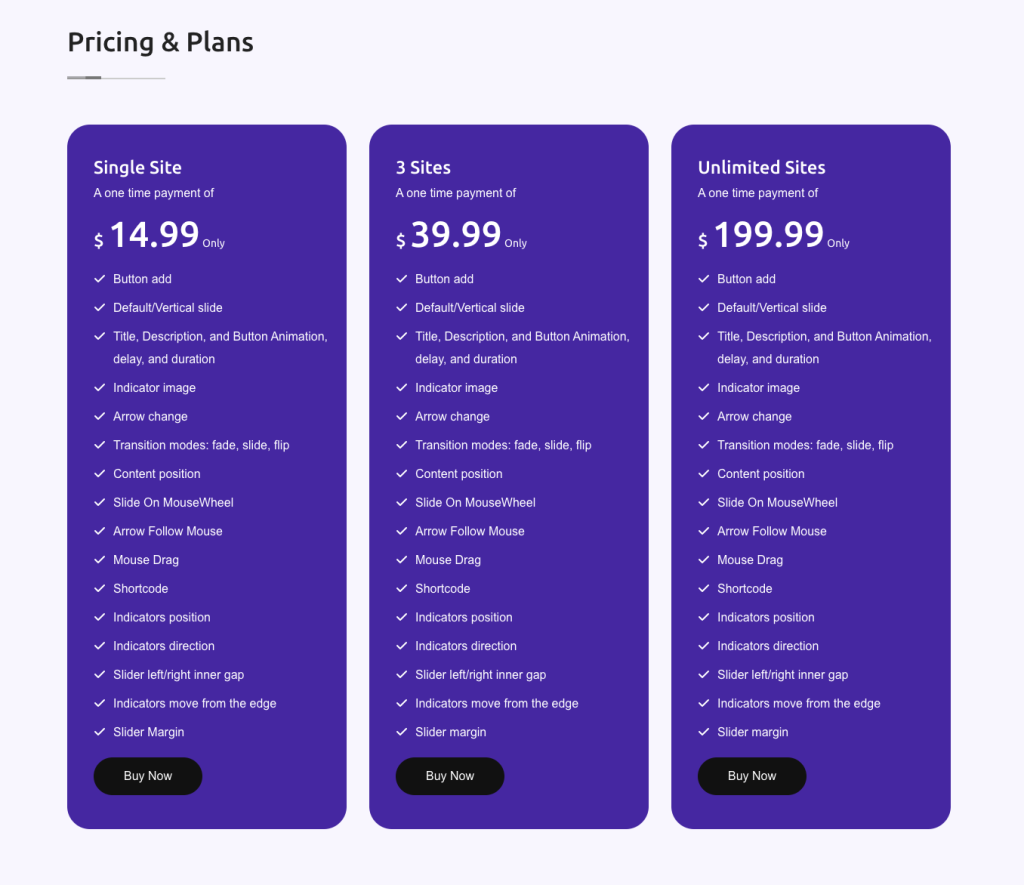 This is a screenshot of the b slider pricing
