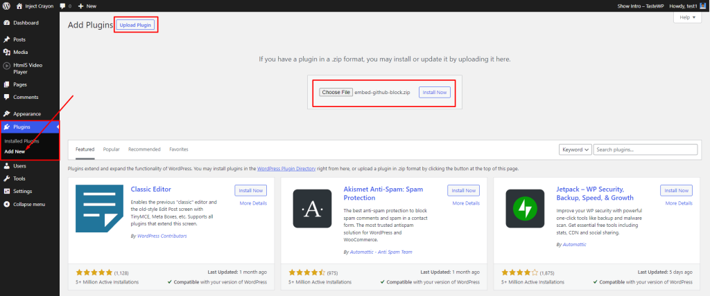 Embed Github- Install By Upload
