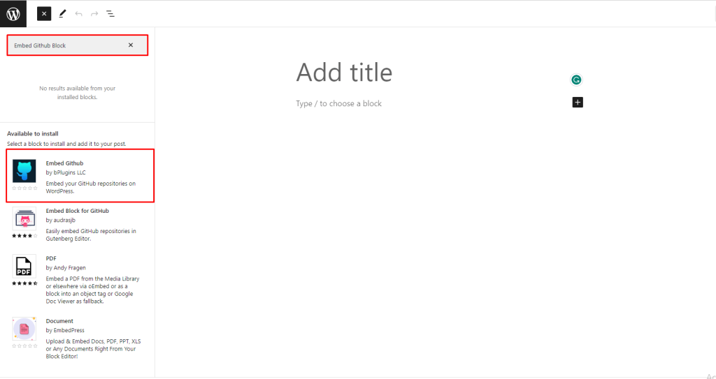 Embed Github- Install Form Gutenberg Editor