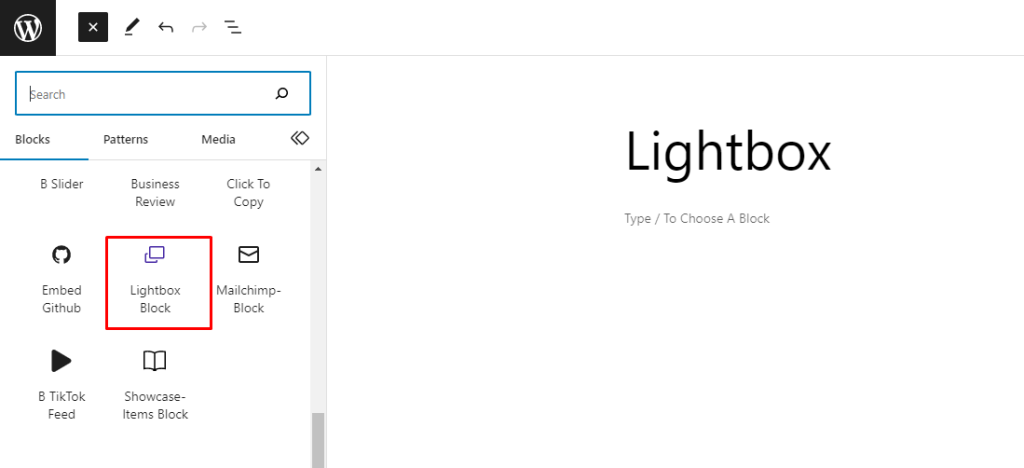 Lightbox Block- Add Block Widgets