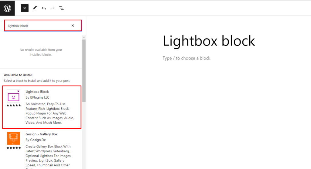 Lightbox Block- Install From Gutenberg Editor