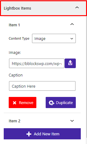 Lightbox Block-  Item Configuration
