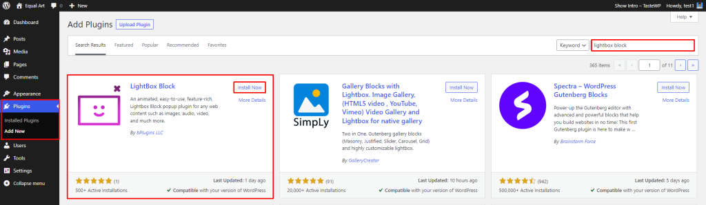 Lightbox Block- Search by Install