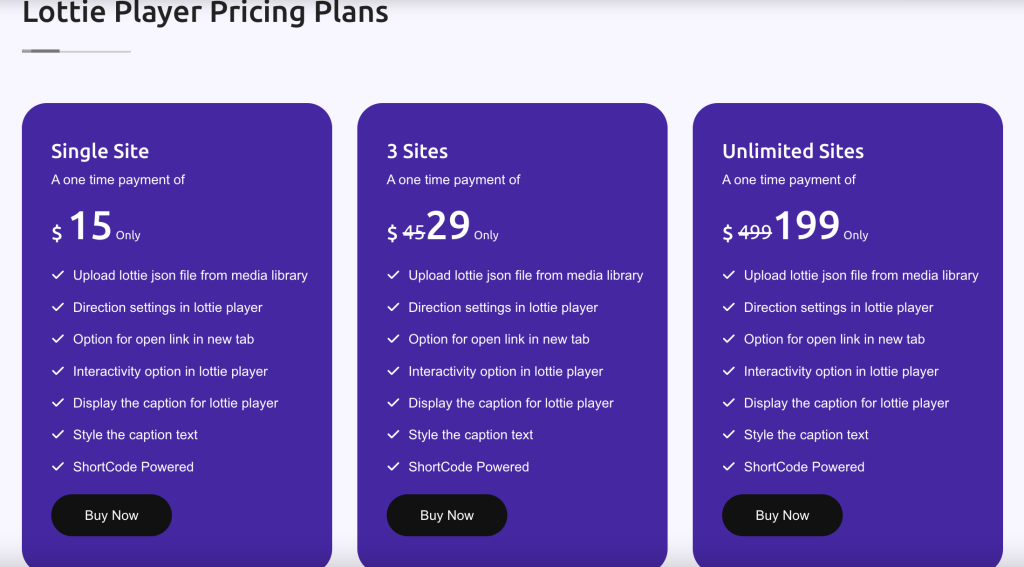 this is a screenshot of Lottie Player Pricing
