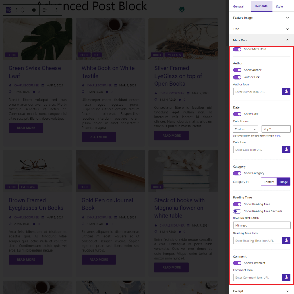 Advanced Post Block- Elements- Metadata
