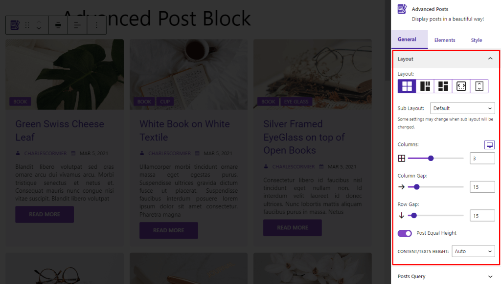 Advanced Post Block plugin General settings- Layout