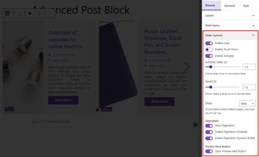 Advanced Post Block- General- Slider Options