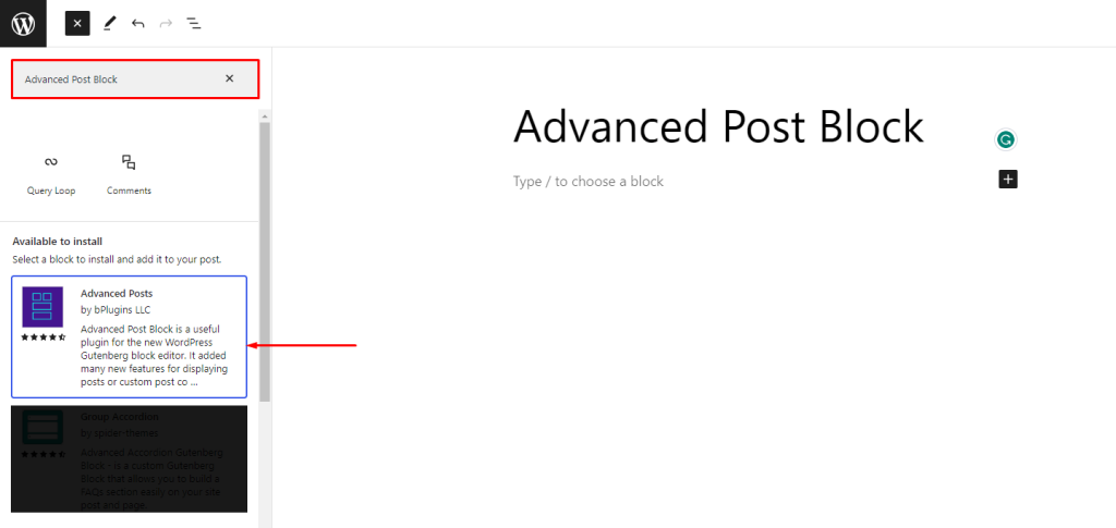 Advanced Post Block- Install From Editor