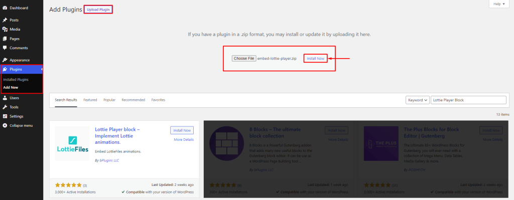 Lottie Player- Install By Upload